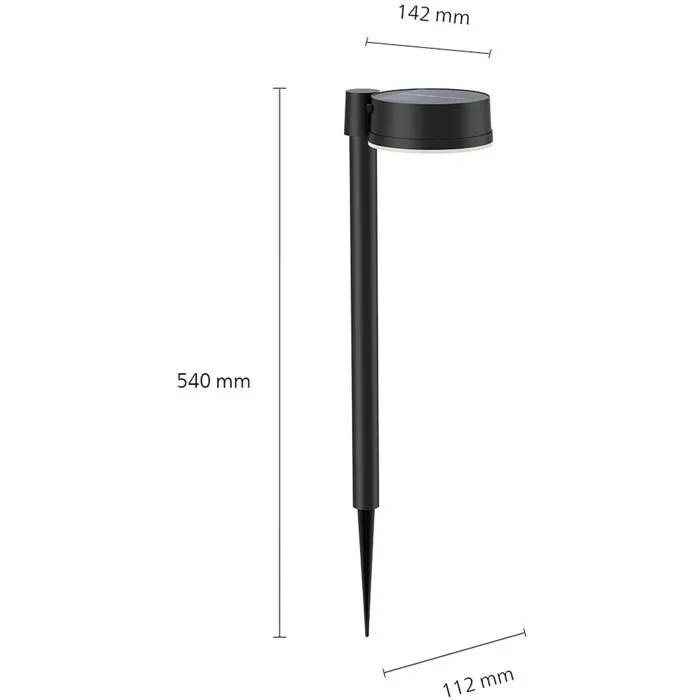 Philips Vynce - Borne d'éclairage extérieure solaire sur broche ronde - Noir - Éclairage de jardin sans fil et durable