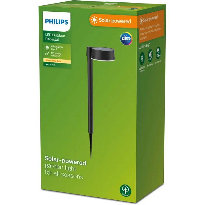 Philips Vynce - Borne d'éclairage extérieure solaire sur broche ronde - Noir - Éclairage de jardin sans fil et durable