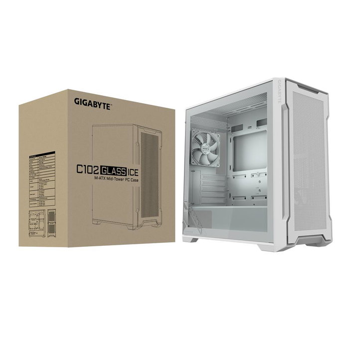 Gigabyte C102 Glass Boîtier PC Gaming Micro ATX Blanc, Panneau en Verre Trempé, 2x USB 3.2, Ventilation 360mm