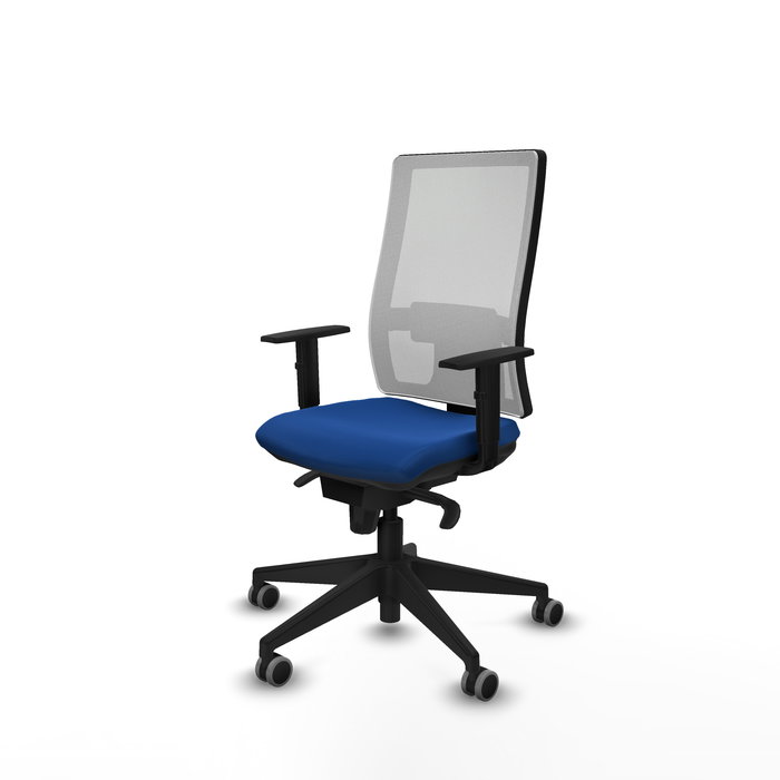 Chaise Horna Synchro 5 positions cuir écologique Bleu Maille Blanc Base pyramidale noire Accoudoir 1D Sans appui-tête Roulettes 65mm pour moquette