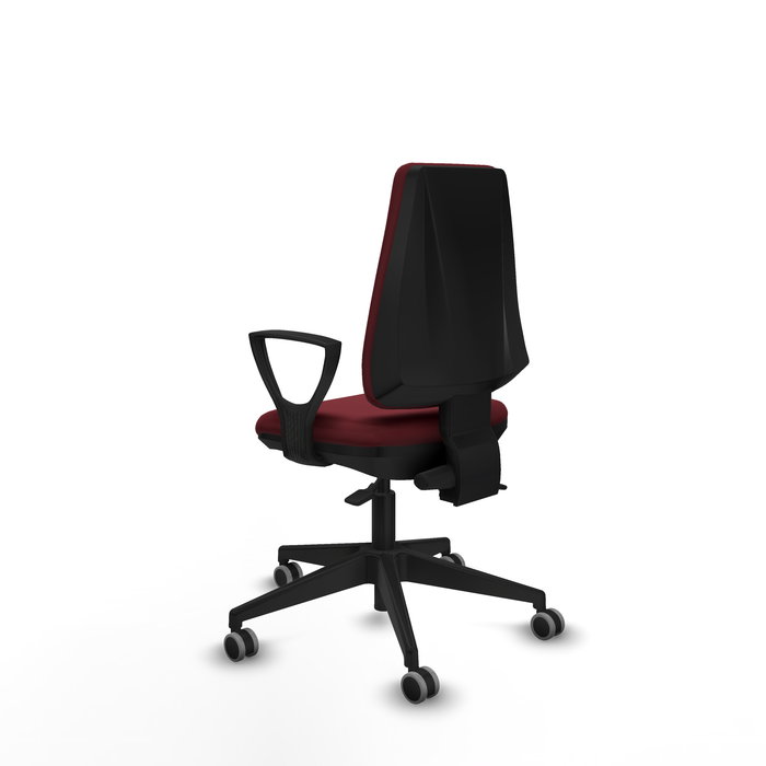 Chaise Elche Asynchrone Cuir écologique Bordeaux Base pyramidale noire Accoudoirs fixes Sans appui-tête Roulettes 65mm pour moquette