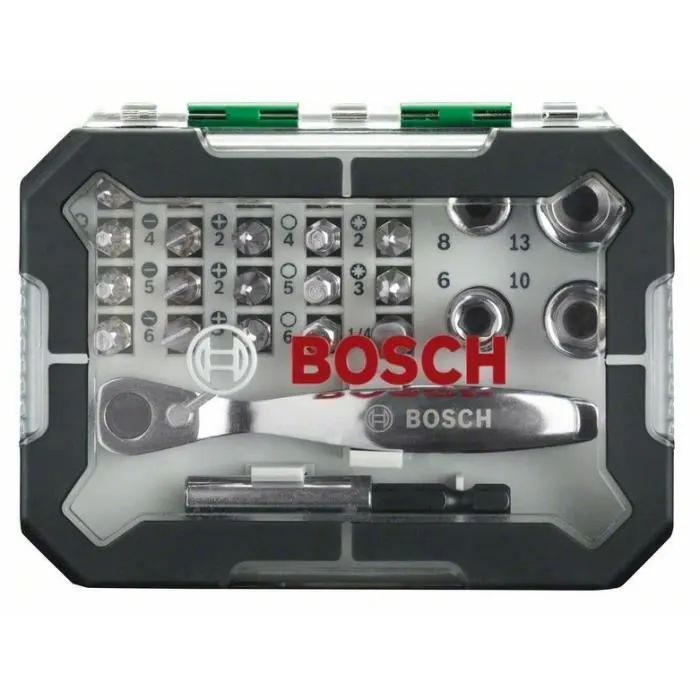 Bosch - Set d'embouts de vissage 26 pièces avec cliquet et douilles - Kit PH, PZ, S, T, HEX - Boîte de rangement