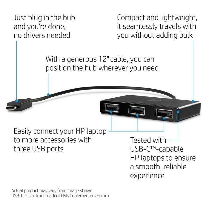 HP Concentrateur USB-C vers USB-A avec 3 ports USB 3.0 pour ordinateur portable - Hub portable léger pour connexion clavier, souris, stockage et charge