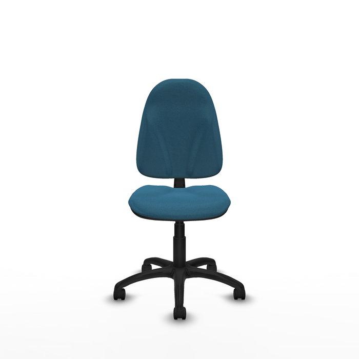 Chaise de bureau Algarra avec mécanisme Contact permanent de base, rembourrée de tissu vert pétrole. Équipée d'une base en polyamide noir, sans accoudoirs et de roulettes en nylon de 50 mm.
