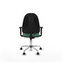 Chaise de bureau Algarra avec mécanisme de contact permanent de base, recouverte de tissu vert émeraude. Équipée d'une base chromée, d'accoudoirs 1D et de roulettes pour parquet