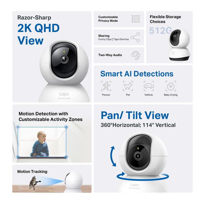 TP-Link Tapo Caméra de Surveillance WiFi Intérieure Pan/Tilt 2K QHD AI, Détection Intelligente, Audio Bidirectionnel, Vision Nocturne TP-Link Tapo Caméra de Surveillance WiFi Intérieure Pan/Tilt 2K QHD AI, Détection Intelligente, Audio Bidirectionnel, Vision Nocturne