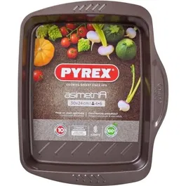 Pyrex 1452052 - Plat de four rectangulaire en acier chocolat, 30 x 24 cm, avec 3 poignées antidérapantes et revêtement Whitford ECLIPSE