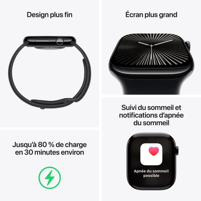Apple Watch Series 10 GPS + Cellular 46mm, Boîtier Slate Titanium, Bracelet Sport Noir Taille M/L