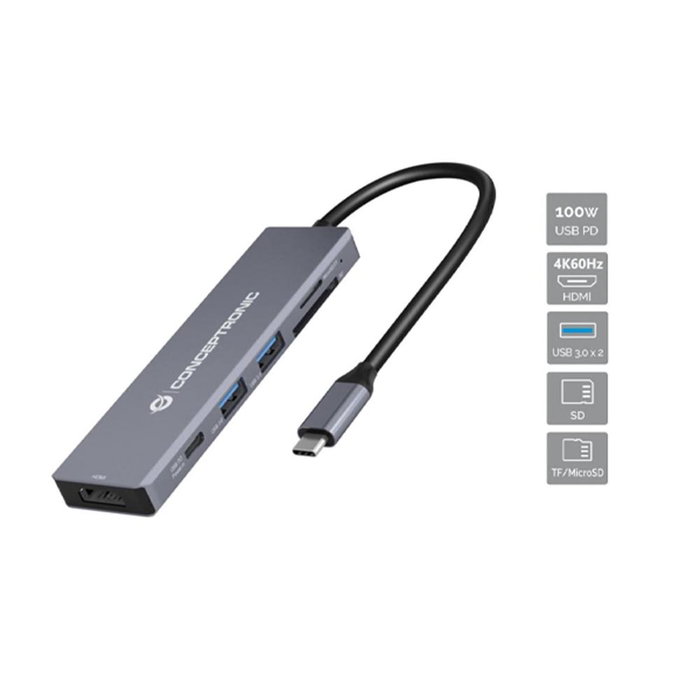 Conceptronic Station d'accueil USB-C 6-en-1 avec HDMI 4K 60Hz, USB-C PD 100W, USB 3.0, SD/TF Conceptronic Station d'accueil USB-C 6-en-1 avec HDMI 4K 60Hz, USB-C PD 100W, USB 3.0, SD/TF