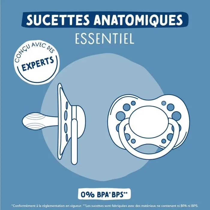 Dodie - A109 EDL - Lot de 2 sucettes anatomiques pour bébé +18 mois, design Mathilde Cabanas Bleu