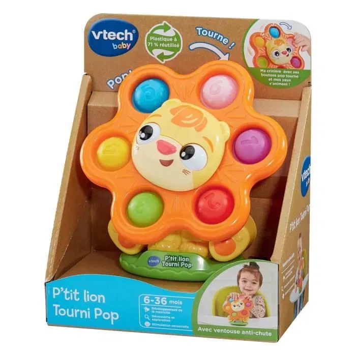 Vtech P'Tit Lion Tourni Pop - Jouet d'éveil et de motricité avec ventouse pour bébé 6 à 36 mois - Référence P'Tit Lion Tourni Pop