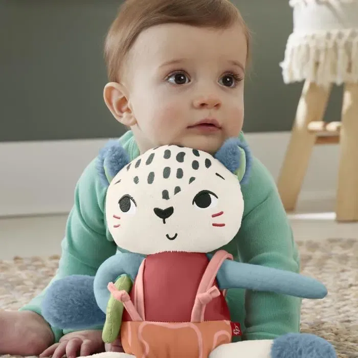 Fisher-Price Uncia mon Léopard des Neiges Jouet d'éveil pour bébé - Peluche sensorielle avec activités motrices et en plastique recyclé