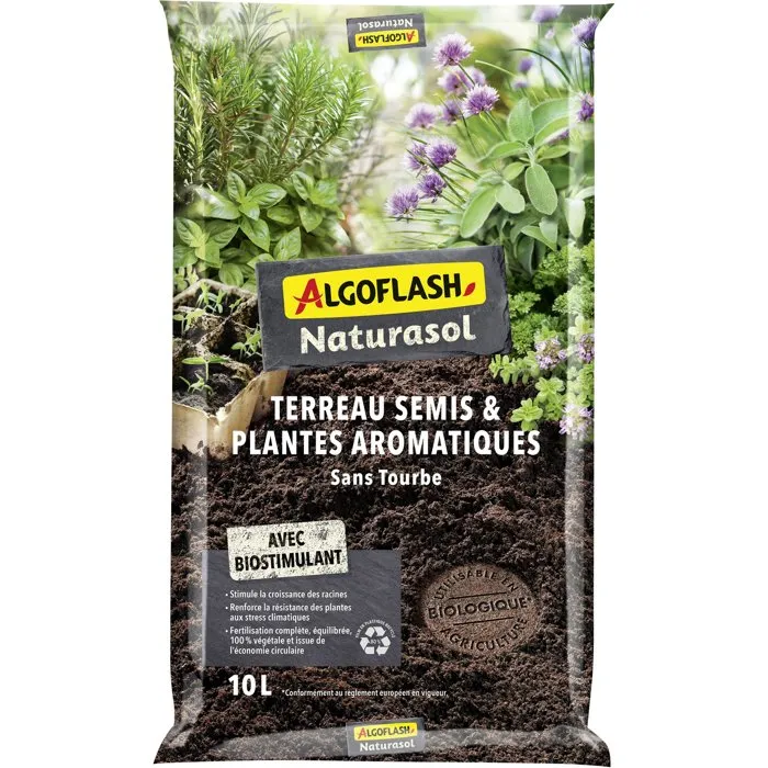 Algoflash Naturasol Terreau Semis plantes aromatiques Sans tourbe 10 L Algoflash Naturasol Terreau Semis plantes aromatiques Sans tourbe 10 L
