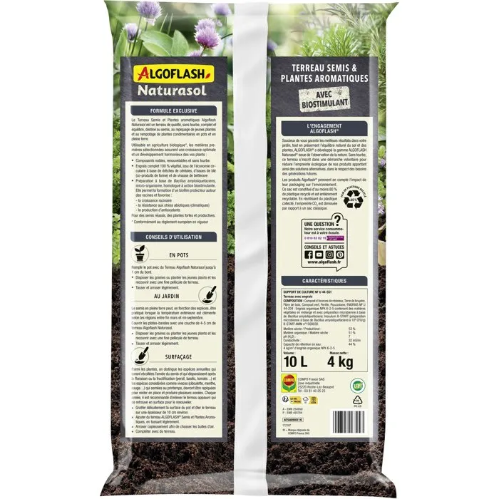Algoflash Naturasol Terreau Semis plantes aromatiques Sans tourbe 10 L Algoflash Naturasol Terreau Semis plantes aromatiques Sans tourbe 10 L