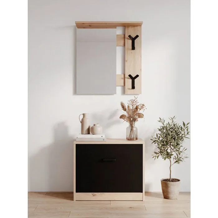 Vestiaire d'entrée Limone - Chêne et noir - L65 x H180 x P25 cm Vestiaire d'entrée Limone - Chêne et noir - L65 x H180 x P25 cm