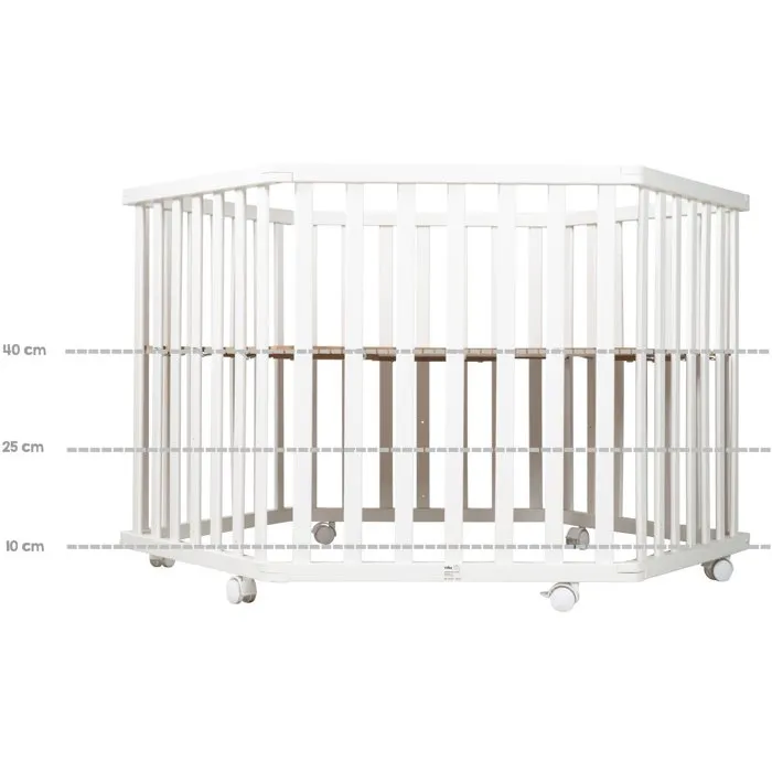 Roba Parc d'éveil hexagonal pour bébé, motif Fox & Bunny, ajustable (3 hauteurs), avec roulettes et freins, blanc laqué, de la naissance à 15 kg, conforme DIN EN 12227