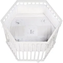 Roba Parc d'éveil hexagonal pour bébé, motif Fox & Bunny, ajustable (3 hauteurs), avec roulettes et freins, blanc laqué, de la naissance à 15 kg, conforme DIN EN 12227