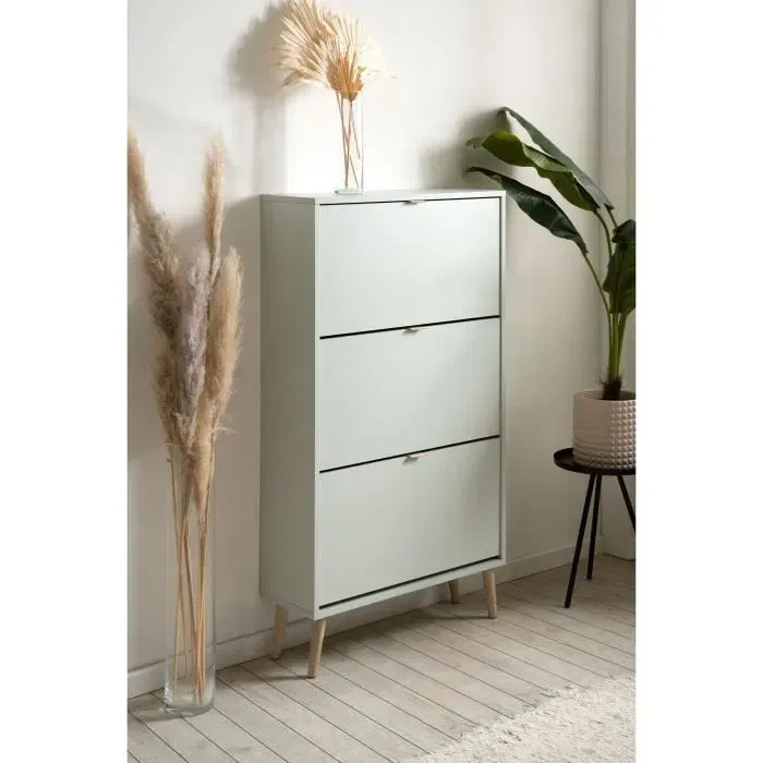 VIGO Meuble à chaussures mural 12 paires vert d'eau, pieds en bois scandinave, dimensions L70 x P24 x H125 cm, fabriqué en Union Européenne