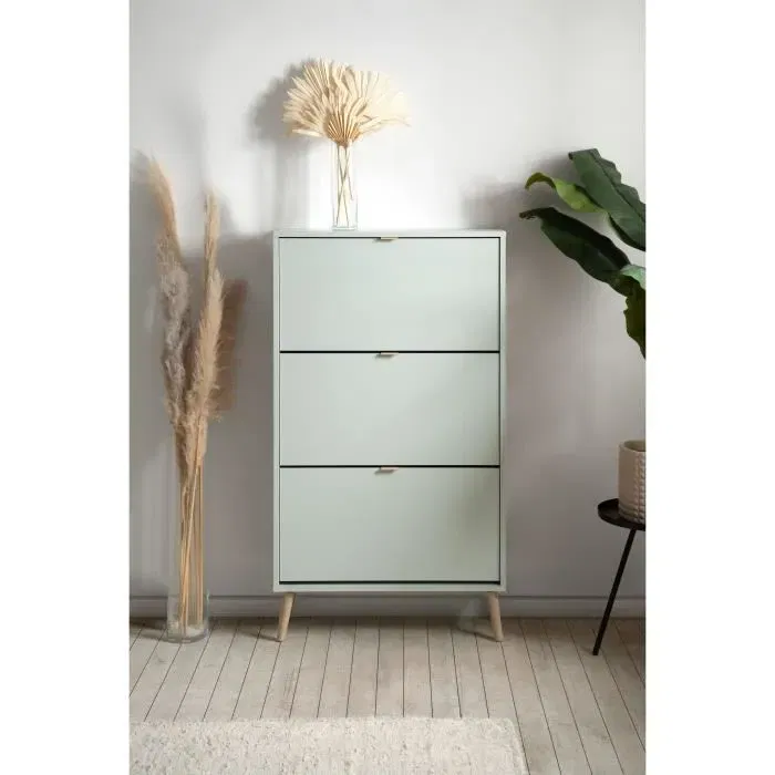 VIGO Meuble à chaussures mural 12 paires vert d'eau, pieds en bois scandinave, dimensions L70 x P24 x H125 cm, fabriqué en Union Européenne