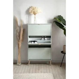 VIGO Meuble à chaussures mural 12 paires vert d'eau, pieds en bois scandinave, dimensions L70 x P24 x H125 cm, fabriqué en Union Européenne