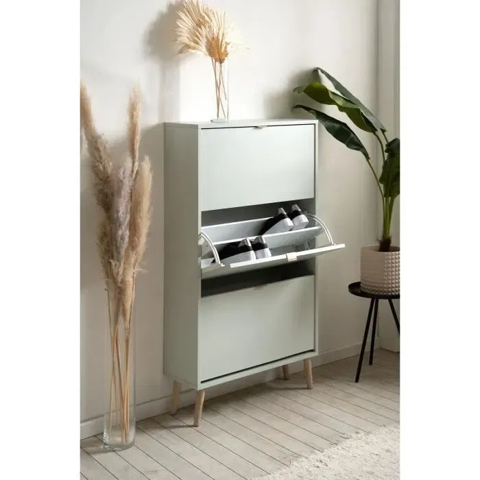 VIGO Meuble à chaussures mural 12 paires vert d'eau, pieds en bois scandinave, dimensions L70 x P24 x H125 cm, fabriqué en Union Européenne