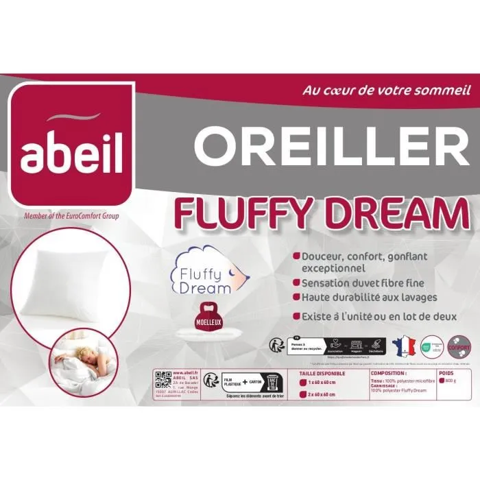 ABEIL Lot de 2 oreillers carrés FluffyDream 60 x 60 cm avec garnissage en polyester certifié Oeko-Tex