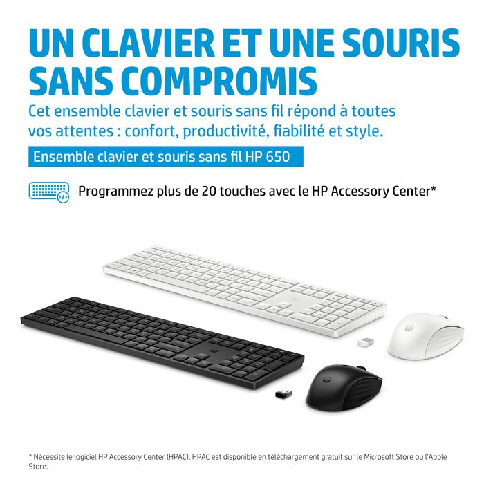 HP Ensemble Clavier et Souris Sans Fil Référence 650 - Durable et Facile à Nettoyer