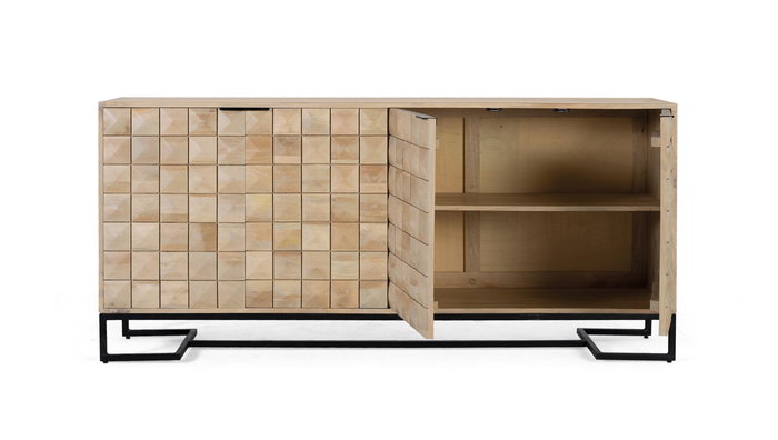 GINER Y COLOMER Buffet en bois de manguier sculpté à la main 180 cm, 4 portes noires mates, structure avellana et base métal doré, design contemporain