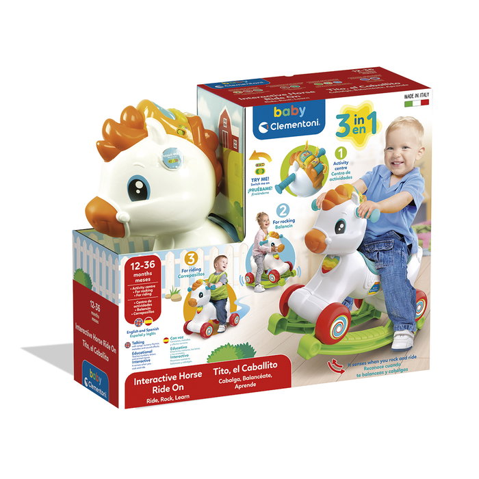 Clementoni Tito El Caballito 61556 - Cheval à bascule 3-en-1, pousseur et centre d'activités interactif avec sons, apprentissage des lettres, animaux et chiffres - Version espagnole