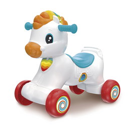 Clementoni Tito El Caballito 61556 - Cheval à bascule 3-en-1, pousseur et centre d'activités interactif avec sons, apprentissage des lettres, animaux et chiffres - Version espagnole