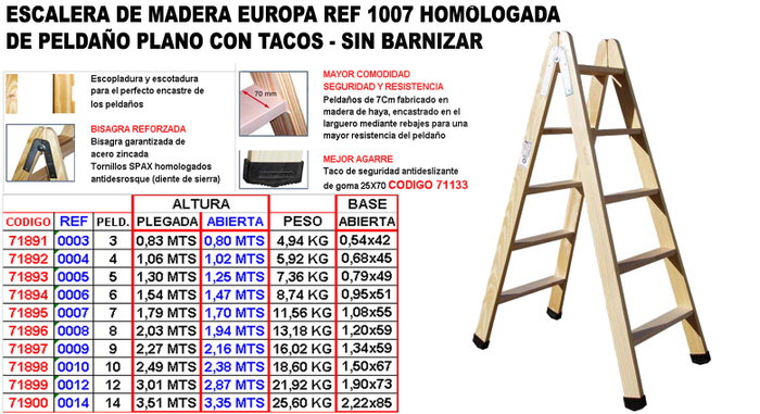 ESCALERA MADERA 1007 Échelle en bois 2,38 m avec tacos inclus de 1007 homologuée PELD plano ESCALERA MADERA 1007 Échelle en bois 2,38 m avec tacos inclus de 1007 homologuée PELD plano
