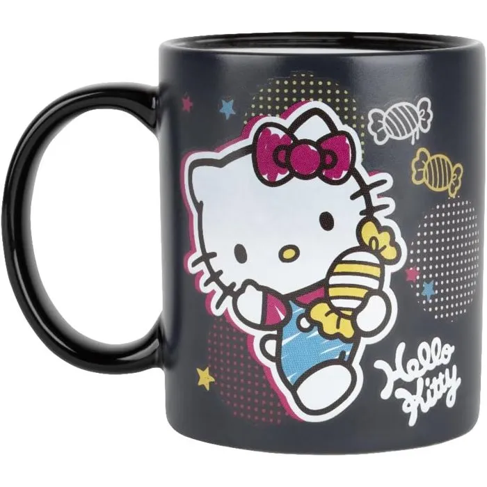 Konix Mug thermoréactif Hello Kitty 320 ml motif bonbons noir - effet magique avec boisson chaude