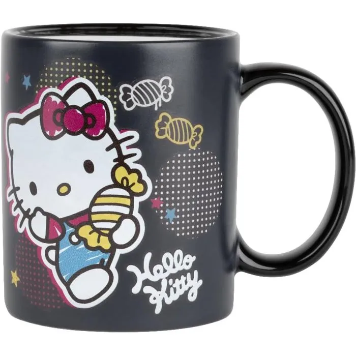 Konix Mug thermoréactif Hello Kitty 320 ml motif bonbons noir - effet magique avec boisson chaude