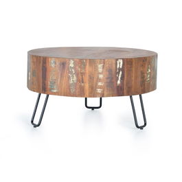GINER Y COLOMER - Table basse en bois recyclé avec pieds en métal - Multicolore - Dimensions : 38 cm H x 70 cm diamètre - Meuble artisanal