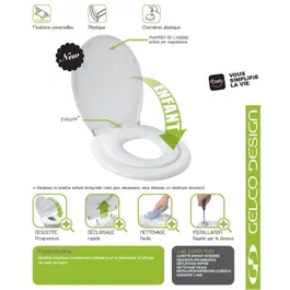 Gelco Abattant WC Bambino Blanc Multigénération Adulte/Enfant, Lunettes Amovibles et Frein de Chute, Fixations Universelles, Polypropylène