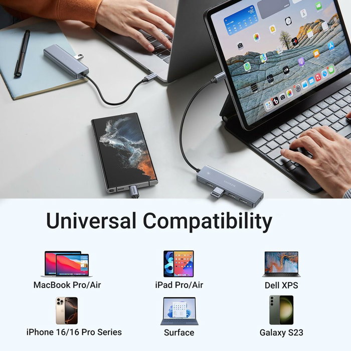 Ugreen Hub USB 5 en 1 avec 4 ports USB-A 3.2 Gen 1 et 1 port USB-C - Gris
