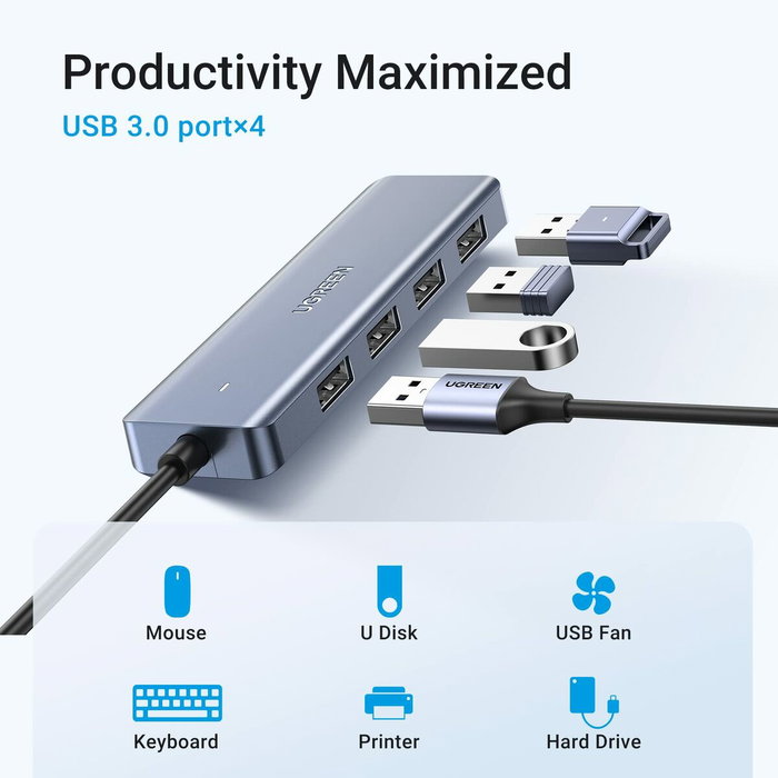 Ugreen Hub USB 5 en 1 avec 4 ports USB-A 3.2 Gen 1 et 1 port USB-C - Gris