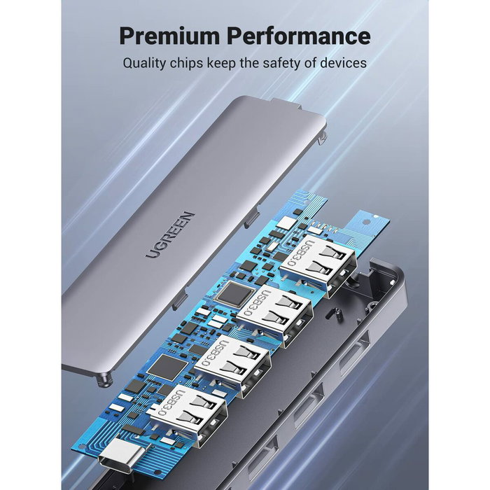 Ugreen Hub USB 5 en 1 avec 4 ports USB-A 3.2 Gen 1 et 1 port USB-C - Gris