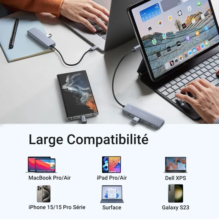UGREEN Hub USB 4 ports USB 3.0 + USB-C Gris - Concentrateur pour ordinateur portable et bureau