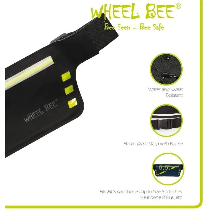 Schildkröt Ceinture de course à éclairage LED intégré Wheel Bee Night Runner - Pochette ventrale pour smartphone jusqu'à 5,5 pouces, 6 LEDs, batterie remplaçable, 92 g