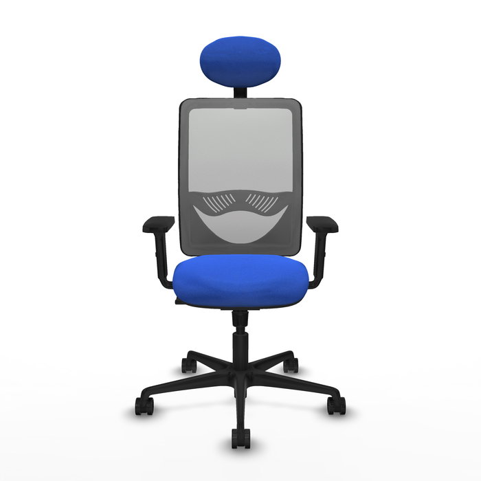 Chaise Zulema Synchro 3 positions tissu Bleu Maille Gris Base en nylon noir Accoudoir 2D Appui-tête Roulettes 65mm nylon