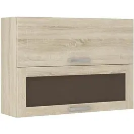 LASSEN Meuble haut vitré 2 portes basculantes en chêne Sonoma - L 80 x P 31.6 x H 72 cm - Meuble de cuisine contemporain en bois et panneaux de particules