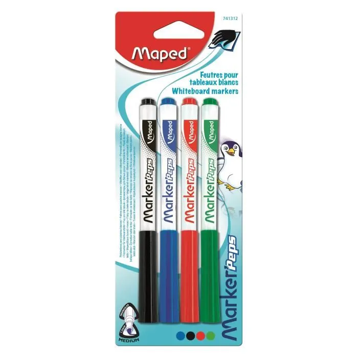 Maped Lot de 4 Marqueurs Effaçables à Sec - Noir, Bleu, Rouge, Vert