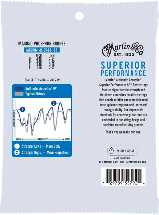 MARTIN Jeu de Cordes Basse Acoustique Authentic SP 92/8 Phosphore Bronze Medium 45-105 MARTIN Jeu de Cordes Basse Acoustique Authentic SP 92/8 Phosphore Bronze Medium 45-105