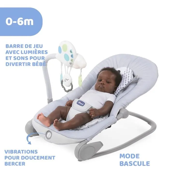 Chicco Transat Évolutif BALLOON DOTS Musical avec Arche de Jouets Amovible et Vibration pour Bébé de la Naissance à 6 mois (18 kg) - Gris à Motifs