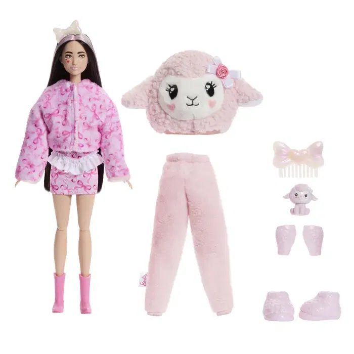 Barbie Cutie Reveal - Figurine articulée avec mouton doux et 10 surprises - 1 changement de couleur, accessoires et jupette - Jouet pour filles