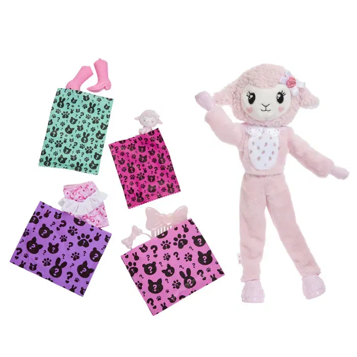 Barbie Cutie Reveal - Figurine articulée avec mouton doux et 10 surprises - 1 changement de couleur, accessoires et jupette - Jouet pour filles