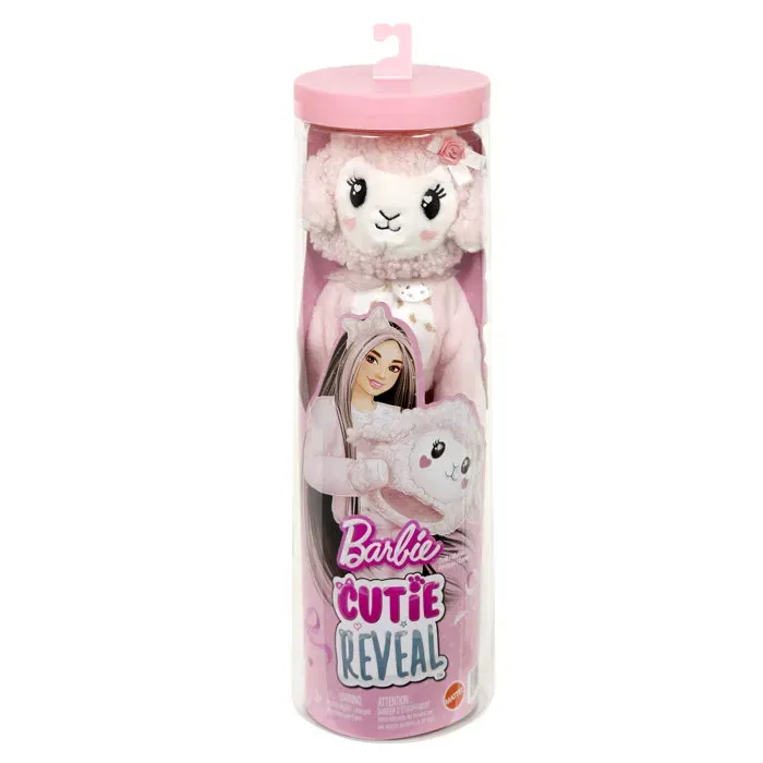 Barbie Cutie Reveal - Figurine articulée avec mouton doux et 10 surprises - 1 changement de couleur, accessoires et jupette - Jouet pour filles