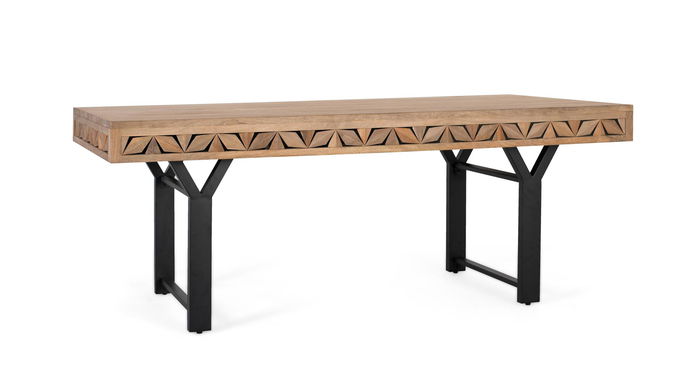 GINER Y COLOMER Table de Salle à Manger Rectangulaire en Bois de Mango 200 cm, avec Base en Fer en Y et Détails Géométriques, Style Rustique Industriel, Naturel