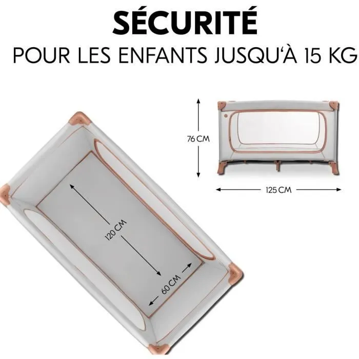 Hauck Dream n Play Plus Lit de voyage pliable 60 x 120 cm - Gris liège - Dès la naissance - Avec fenêtres en filet